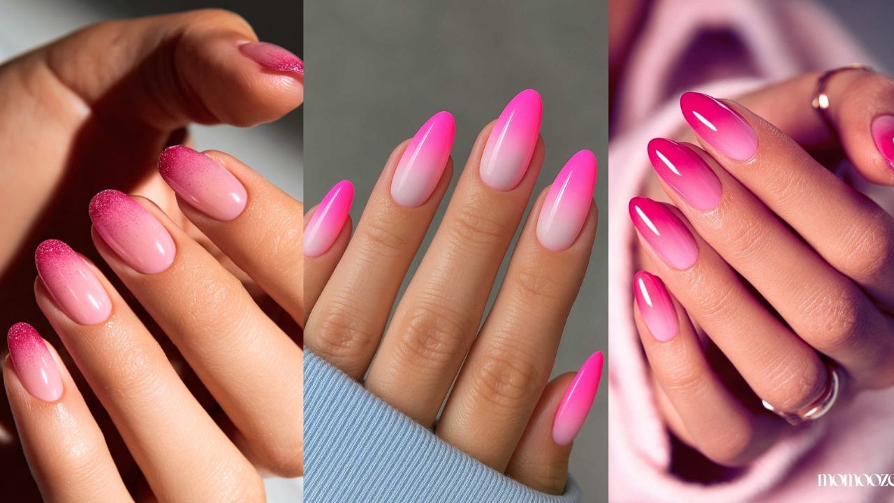 Montagem de tr&ecirc;s fotos de m&atilde;os femininas com unhas rosa pink