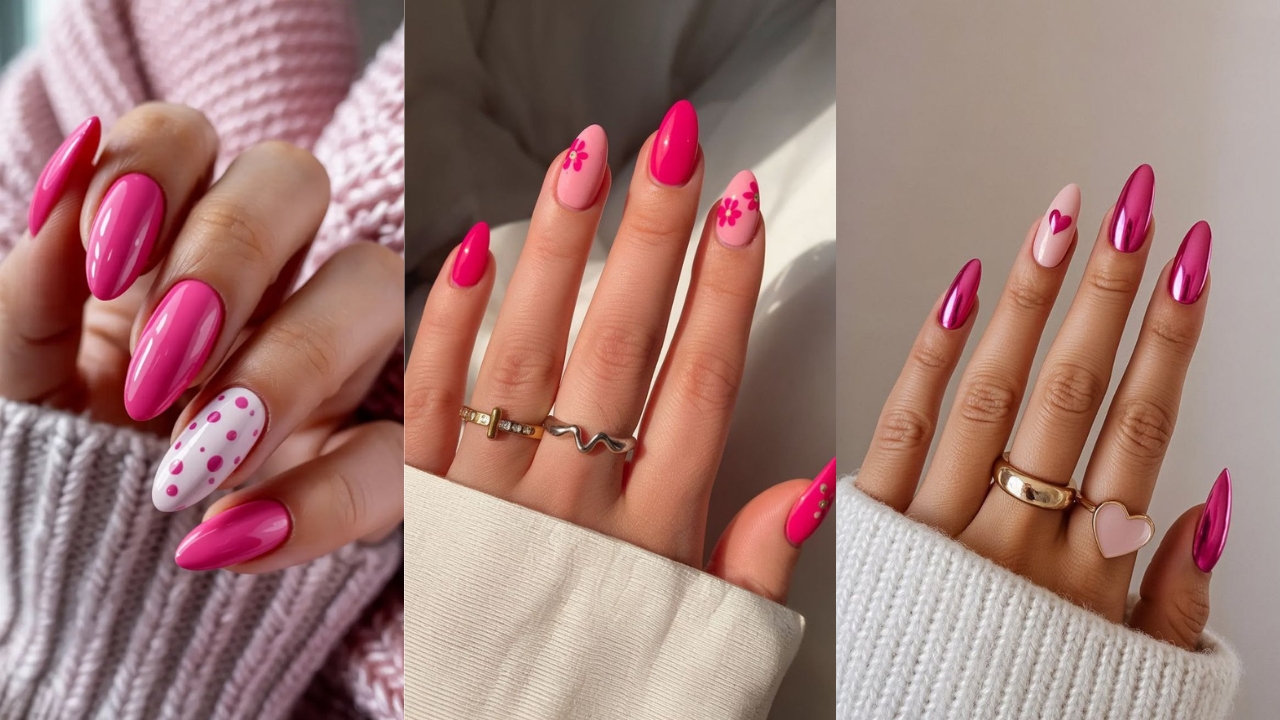 Montagem de tr&ecirc;s fotos de m&atilde;os femininas com unhas rosa pink