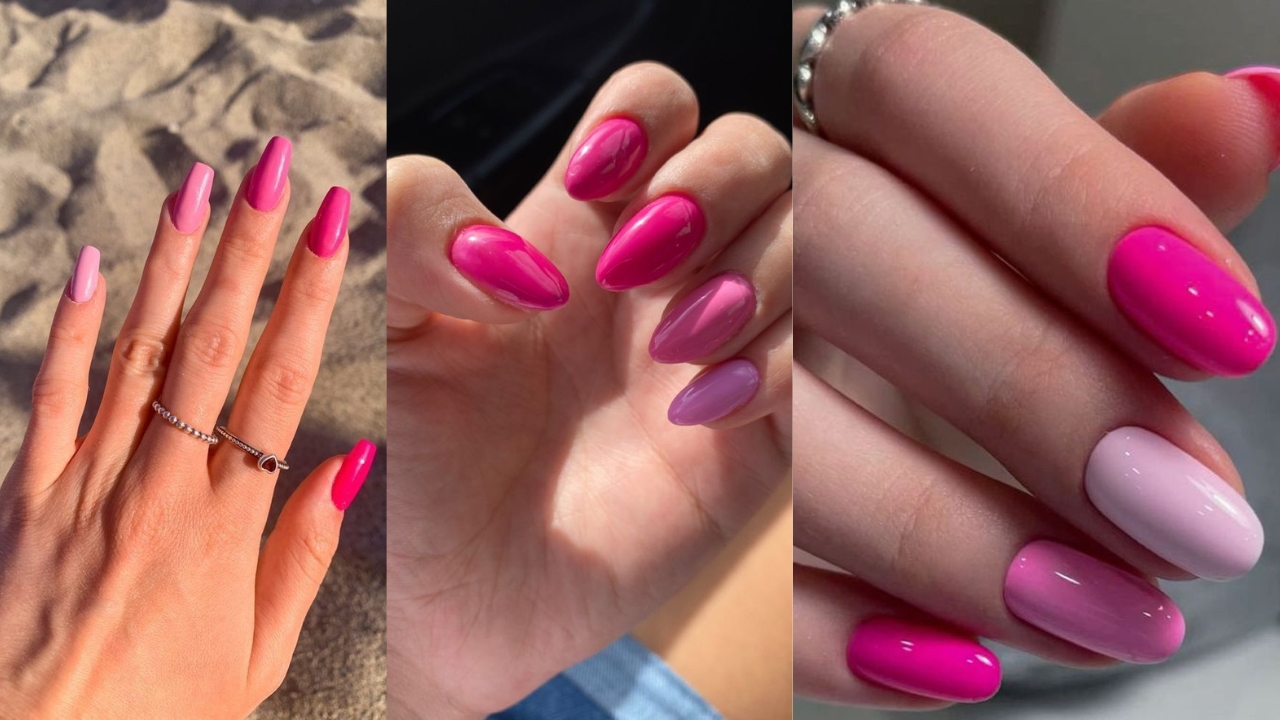 Montagem de tr&ecirc;s fotos de m&atilde;os femininas com unhas rosa pink