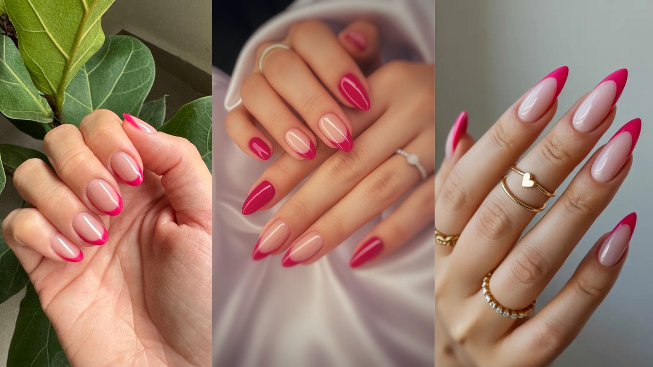 Montagem de tr&ecirc;s fotos de m&atilde;os femininas com unhas rosa pink
