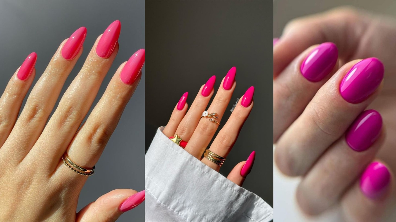 Montagem de tr&ecirc;s fotos de m&atilde;os femininas com unhas rosa pink