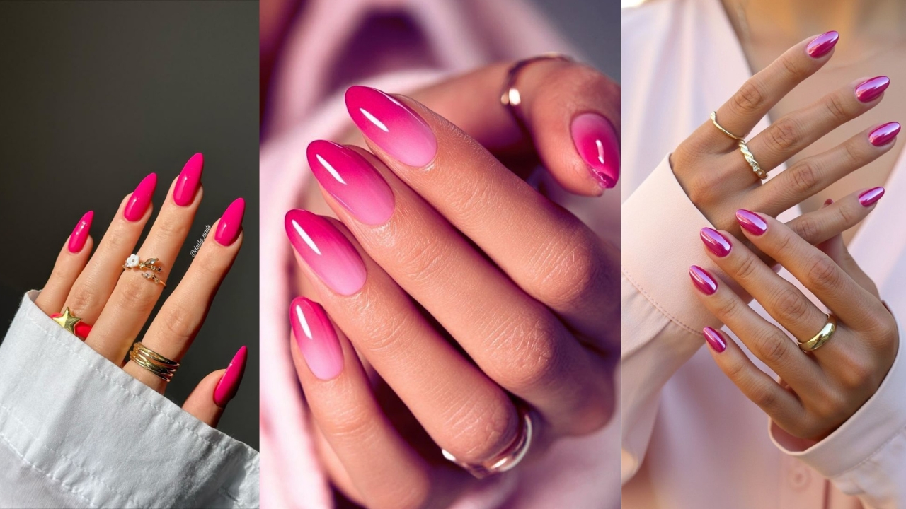 Montagem de três fotos de mãos femininas com unhas rosa pink