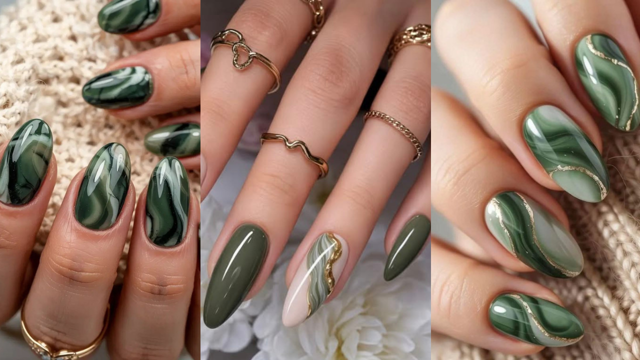 Unhas verde militar com efeito marmorizado e detalhes dourados