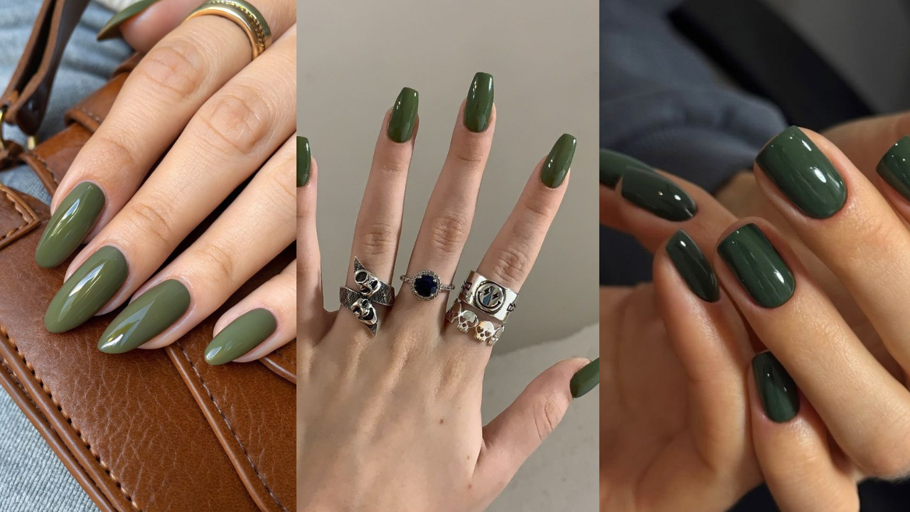 Unhas com esmaltação uniforme em verde militar