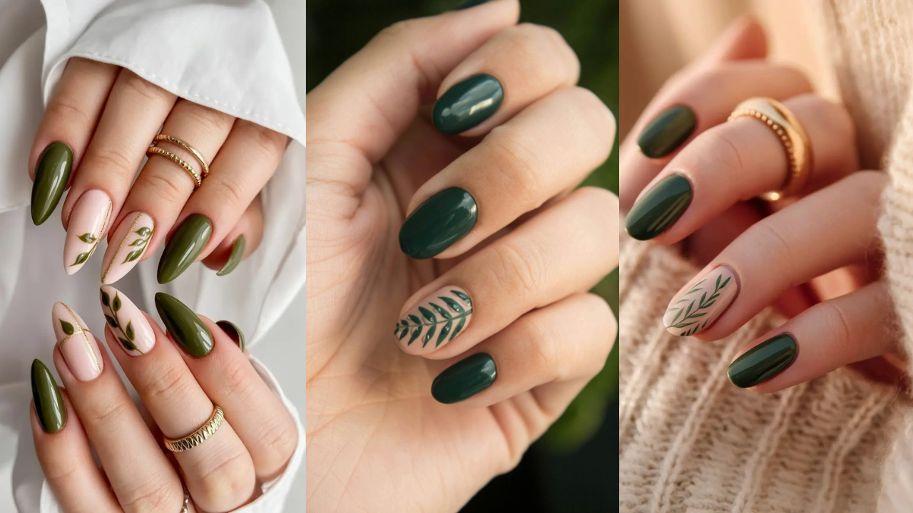 Unhas com base clara e detalhes de folhas verdes desenhadas, combinando com esmalte verde escuro.