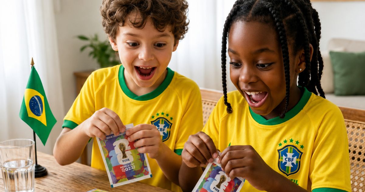 Duas crianças, um menino e uma menina, vestindo camisas amarelas da seleção brasileira, abrem pacotes de figurinhas da Copa do Mundo 2022 com expressões de surpresa e alegria. Uma bandeira do Brasil e um copo d'água estão na mesa ao lado.