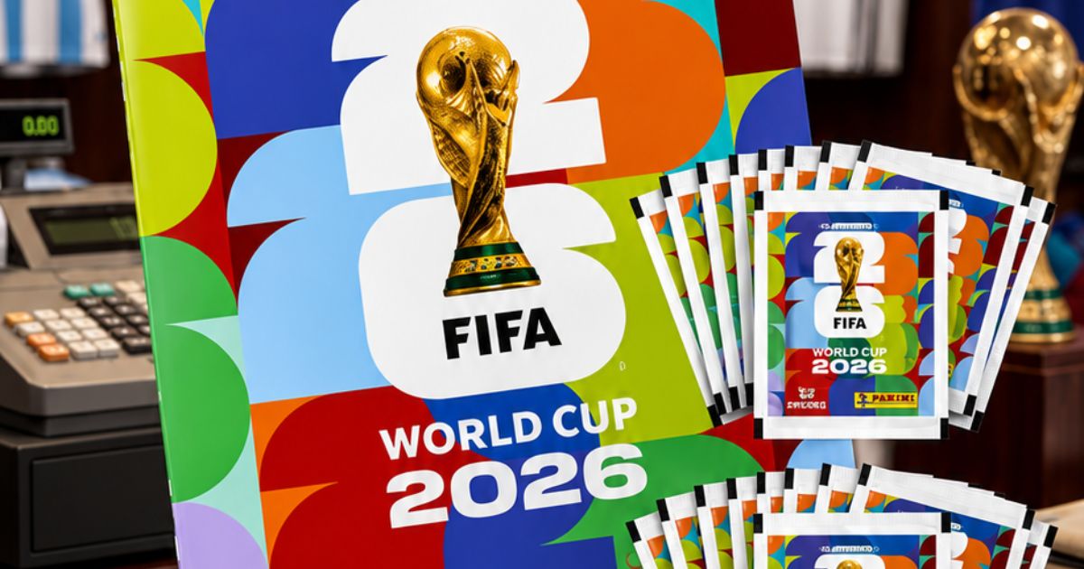 &Aacute;lbum de figurinhas da Copa do Mundo FIFA 2026 com a ta&ccedil;a dourada e o logo da FIFA, ao lado de v&aacute;rios pacotes de figurinhas e uma caixa registradora no fundo