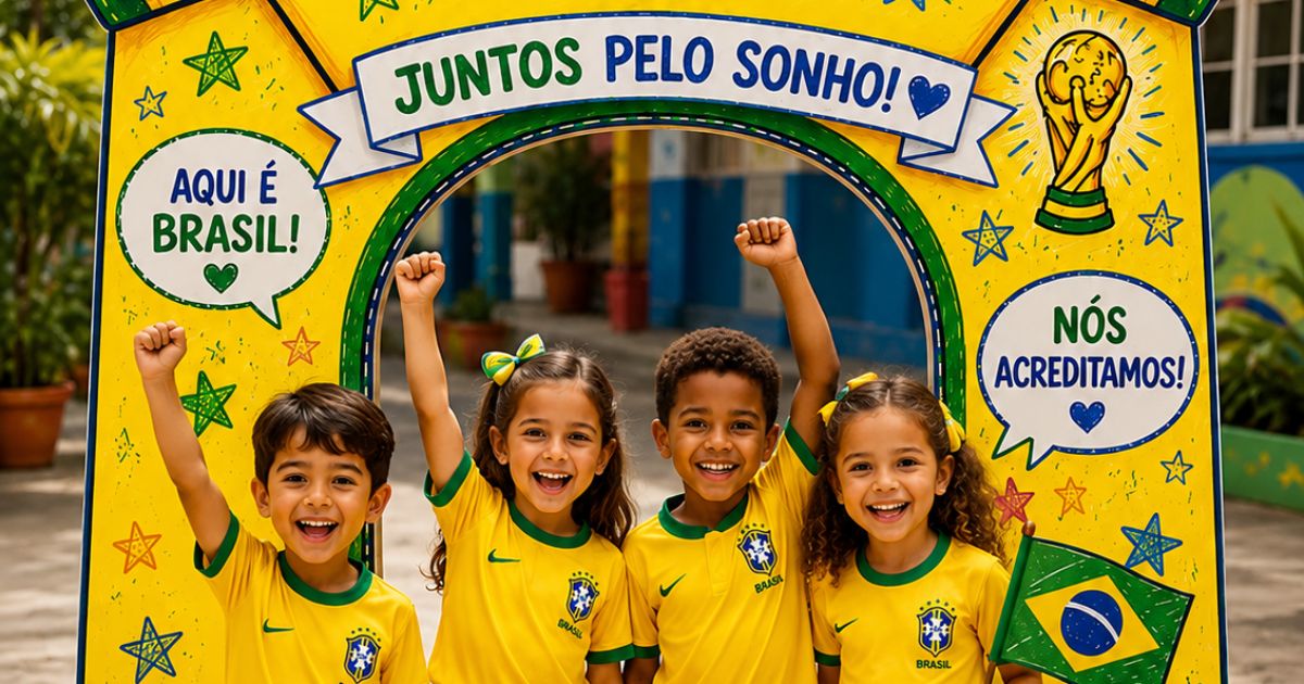 Quatro crian&ccedil;as sorridentes, vestindo camisas amarelas da sele&ccedil;&atilde;o brasileira, posam com os bra&ccedil;os erguidos em um painel decorado com as frases 