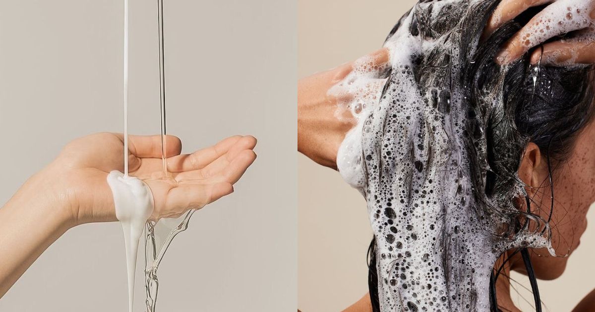 Duas imagens lado a lado: à esquerda, uma mão aberta recebendo shampoo e condicionador; à direita, uma pessoa lavando o cabelo escuro com muita espuma