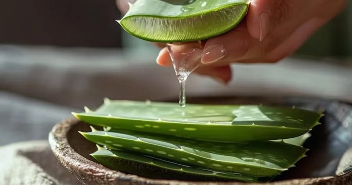 M&atilde;o espremendo uma folha de babosa cortada, liberando o gel transparente que escorre em gotas sobre outras folhas da planta em uma tigela de madeira