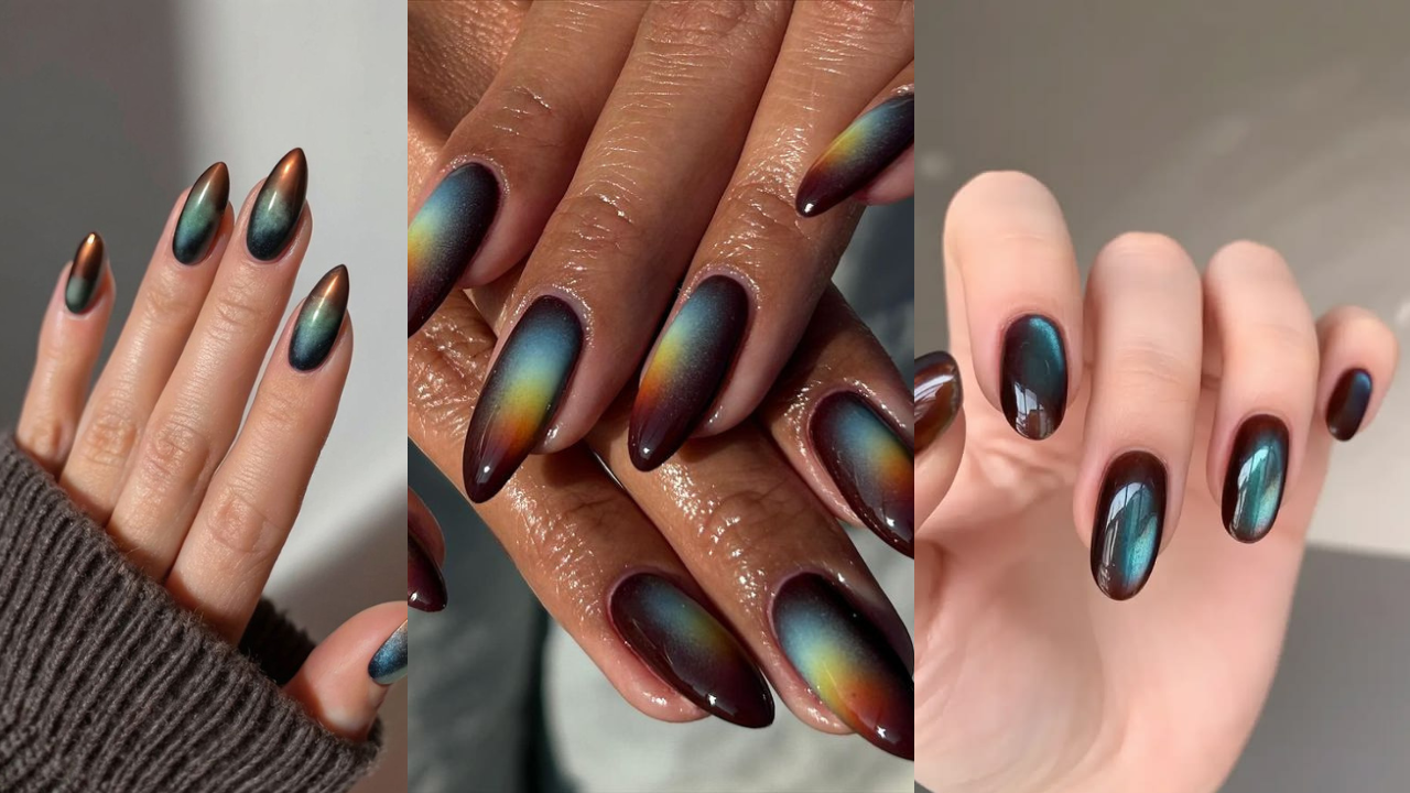 Aura nails com efeito degradê multicolorido em tons escuros e iridescentes, criando visual místico e moderno inspirado em nail arts criativas e tendência de unhas diferenciadas
