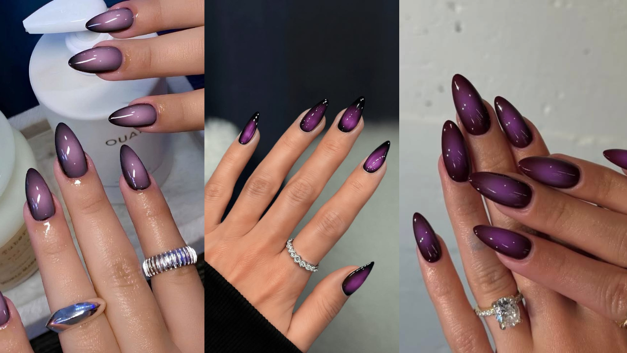 Unhas aura nails em tons de roxo com efeito degradê e acabamento glossy, tendência inspirada no universo místico que traz elegância e personalidade para nail art