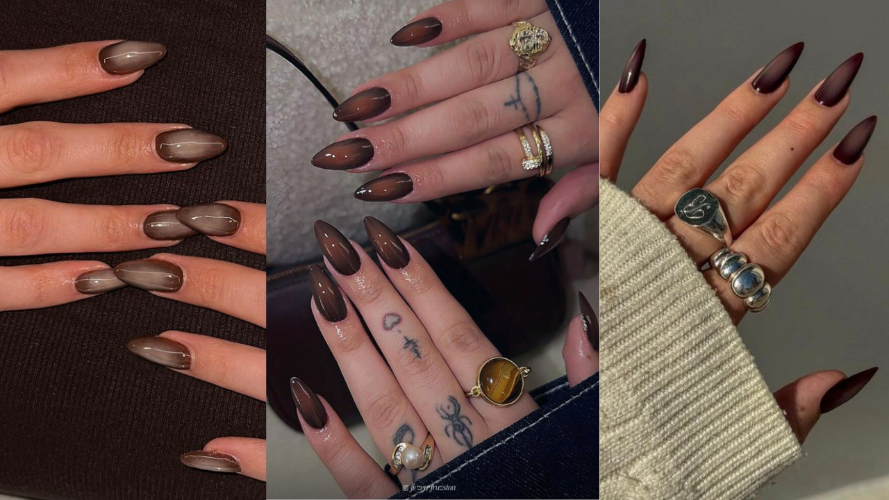 Aura nails em tons de marrom e nude com efeito esfumado delicado, opção sofisticada e discreta para quem prefere unhas elegantes no dia a dia