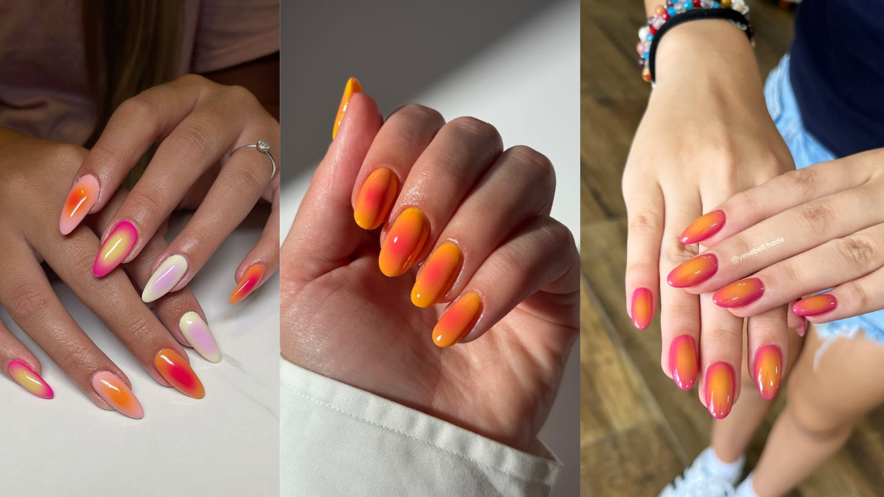 Unhas aura nails com degradê em tons de rosa e laranja, criando efeito vibrante inspirado no pôr do sol, tendência colorida perfeita para quem busca nail art alegre e moderna