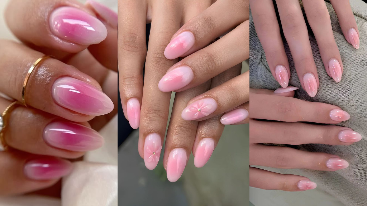 Aura nails em rosa claro com efeito degradê suave e acabamento brilhante, opção delicada e minimalista para quem quer aderir à tendência de forma elegante