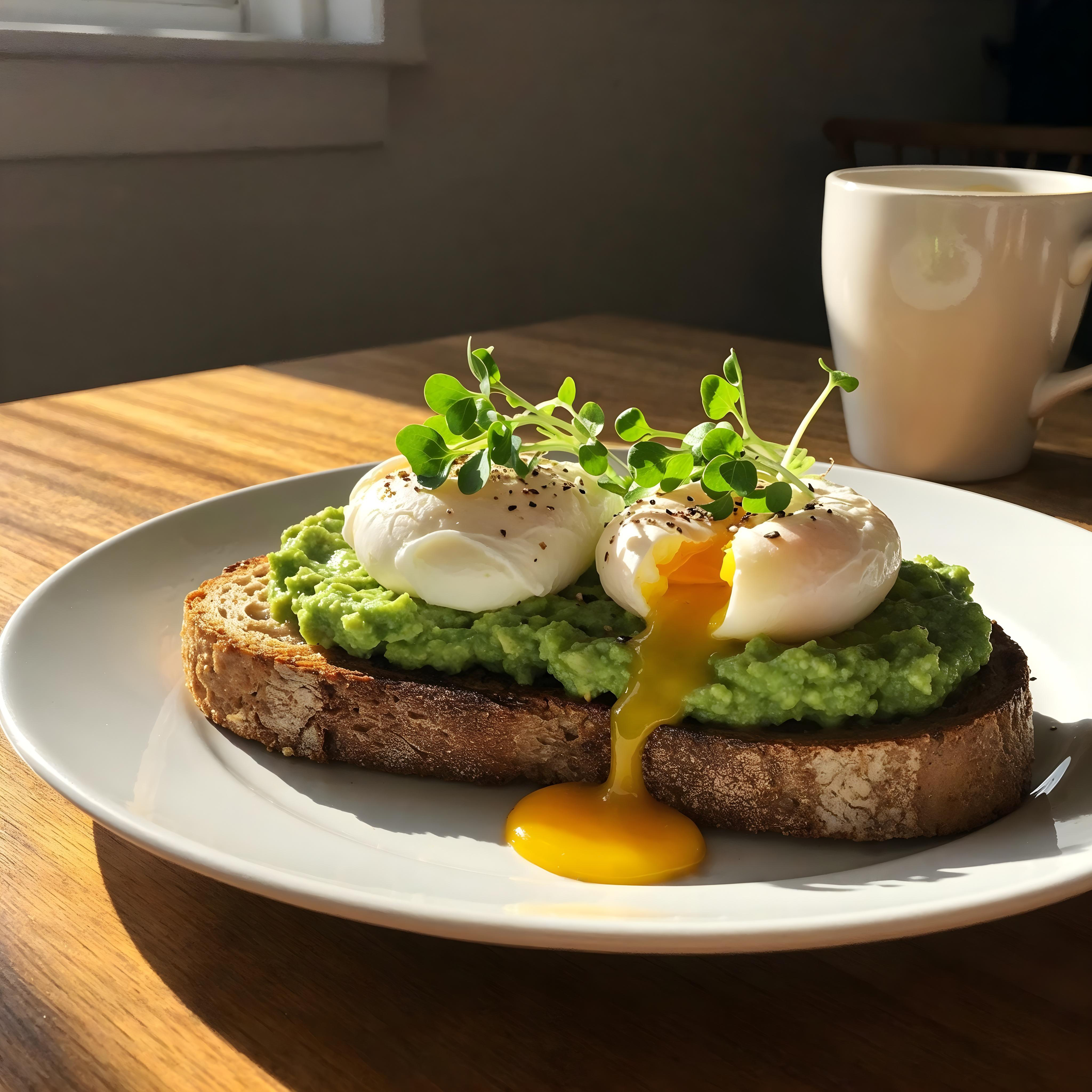 Avocado toast com ovo pochê e gema cremosa, café da manhã saudável e nutritivo com pão rústico