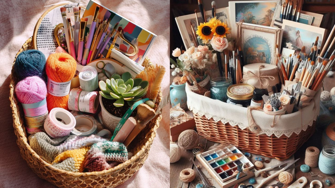 Cesta de presente com materiais de artesanato, incluindo novelos de lã coloridos, pincéis, fitas e itens para pintura e crochê.