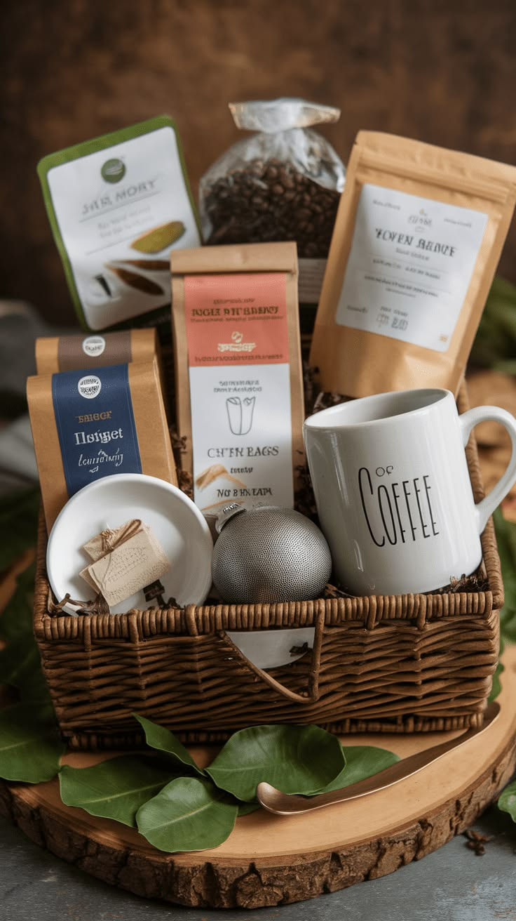 Cesta com grãos de café, caneca, acessórios para preparo e itens gourmets para acompanhar a bebida.