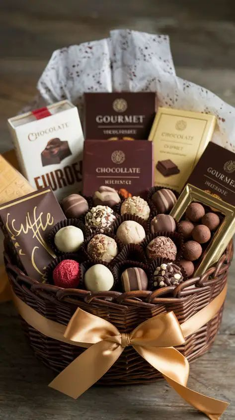 Cesta de chocolates com trufas, bombons e barras organizados em camadas dentro de embalagem decorativa.