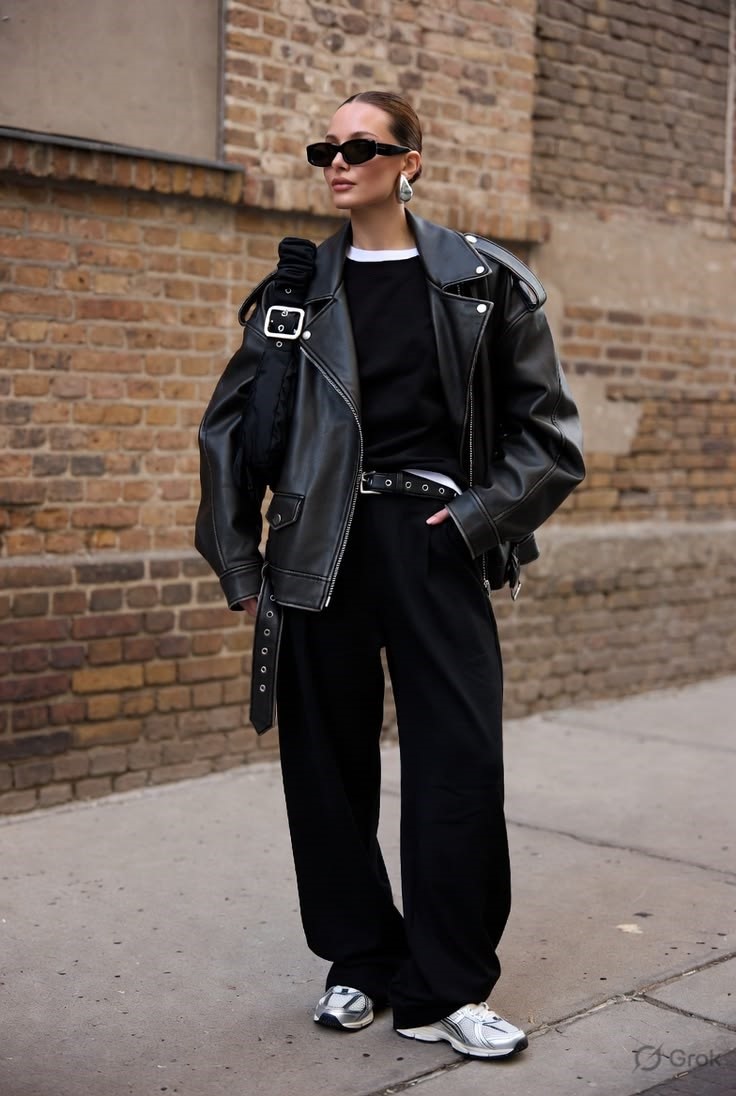 Look all black com jaqueta de couro oversized e t&ecirc;nis esportivo estilo dad shoes