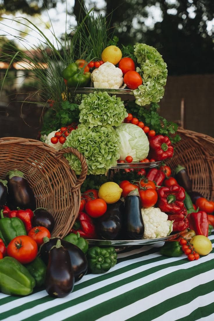 Torre de tr&ecirc;s andares em prata com legumes, frutas, hort&ecirc;nsias e ervas