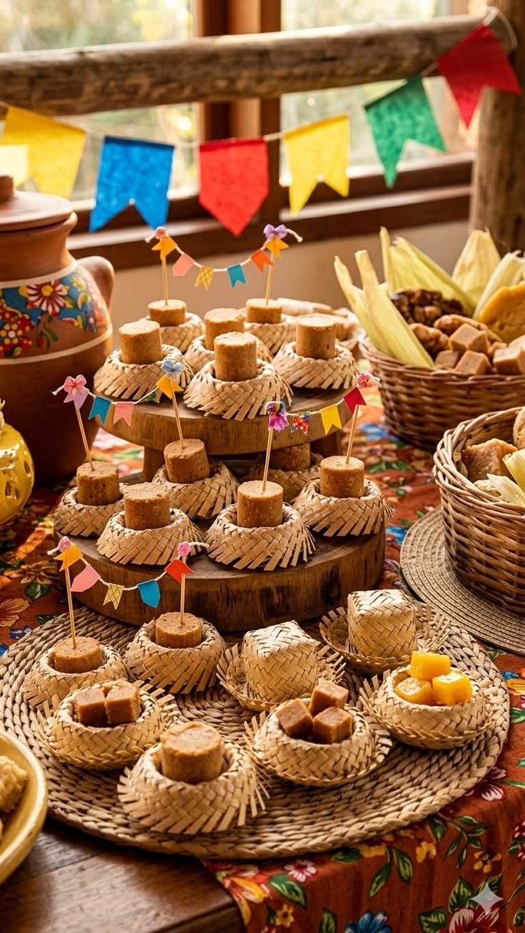 Mesa de festa junina com doces t&iacute;picos: pa&ccedil;ocas em chap&eacute;us de palha miniatura, cocadas e doces de ab&oacute;bora em cestas, espigas de milho e uma panela de barro decorada. Bandeirinhas coloridas penduradas ao fundo, criando um ambiente festivo