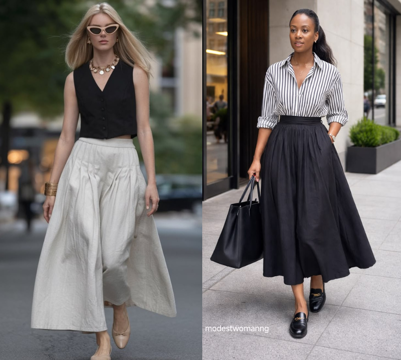 Looks com saia ampla e cintura marcada, combinados com camisa ou blusa estruturada, tendência feminina elegante em O Diabo Veste Prada 2 que equilibra sofisticação e leveza