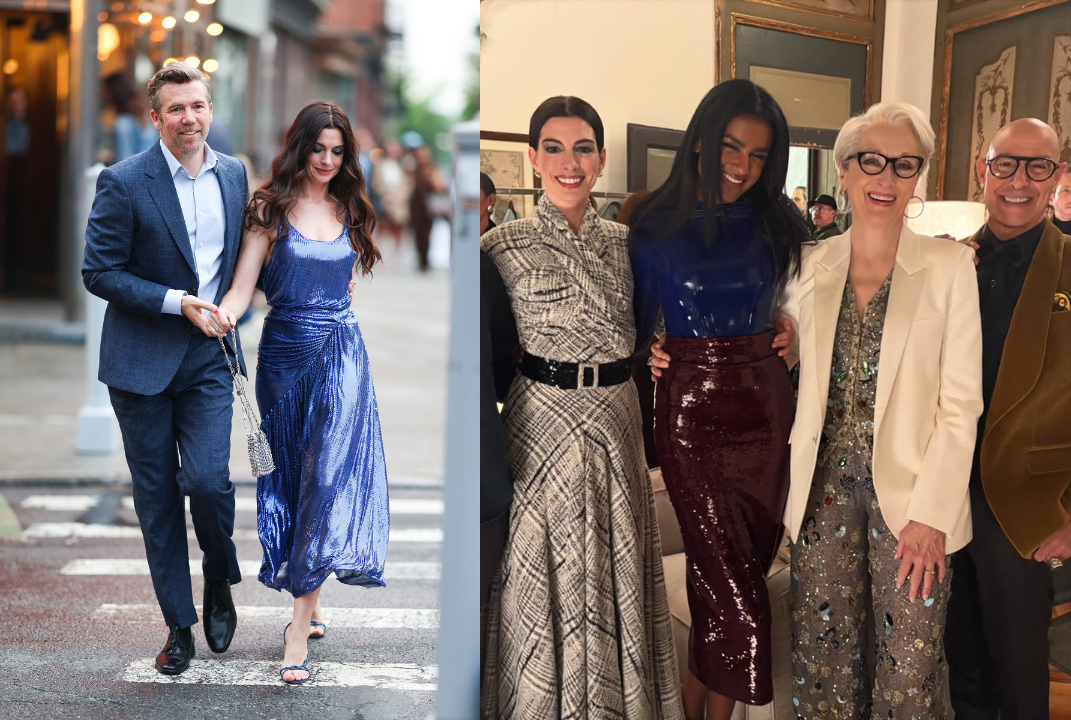 Produções glamourosas com brilho e paetê inspiradas em O Diabo Veste Prada 2, incluindo vestidos e saias com efeito metalizado, ideais para eventos e ocasiões especiais