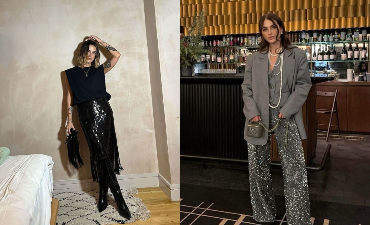 Looks com peças brilhantes combinadas com blazer e alfaiataria, tendência fashion de O Diabo Veste Prada 2 que mistura elegância clássica com impacto visual contemporâneo