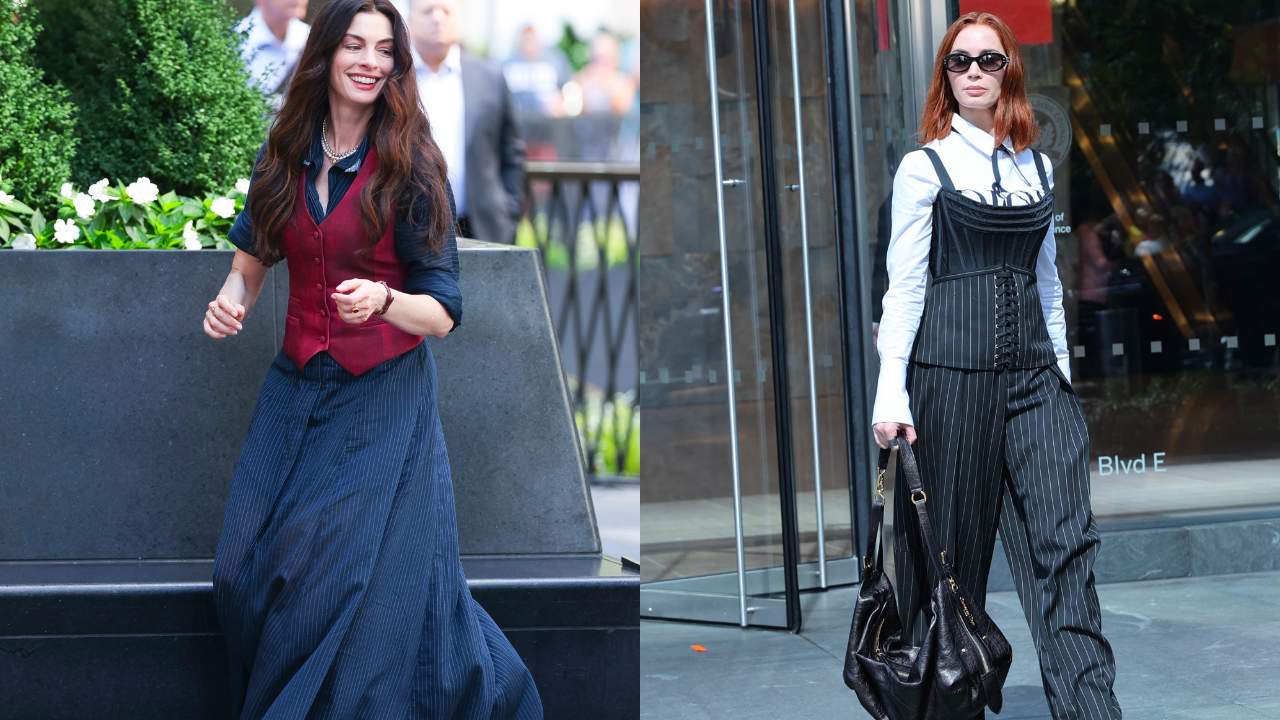 Looks femininos com sobreposição e alfaiataria moderna, incluindo colete com saia fluida e combinação de camisa com corset e calça risca de giz, tendência marcante no universo fashion de O Diabo Veste Prada 2