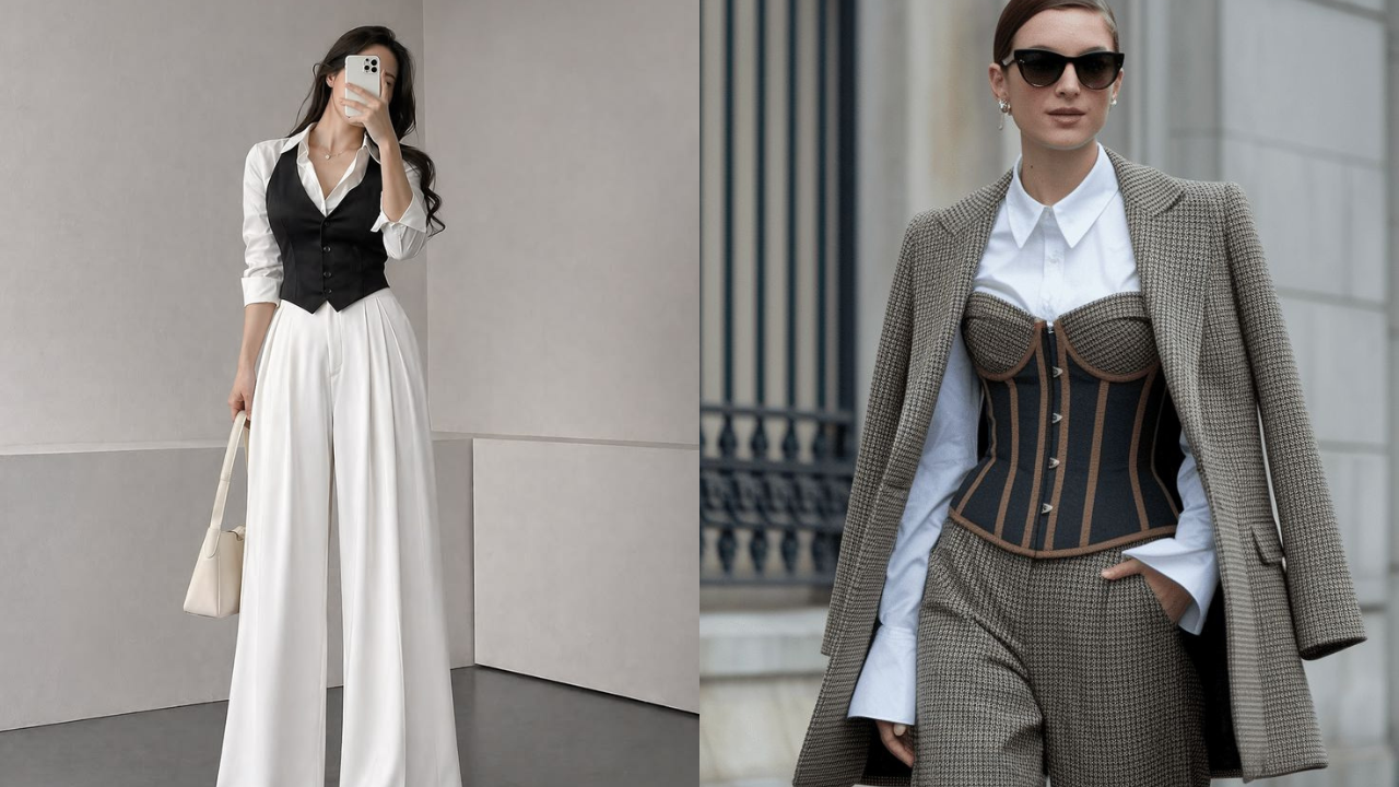 Montagem de looks elegantes com colete preto sobre camisa branca e corset estruturado com blazer, representando a tendência de sobreposição sofisticada e office look atualizado do filme O Diabo Veste Prada 2