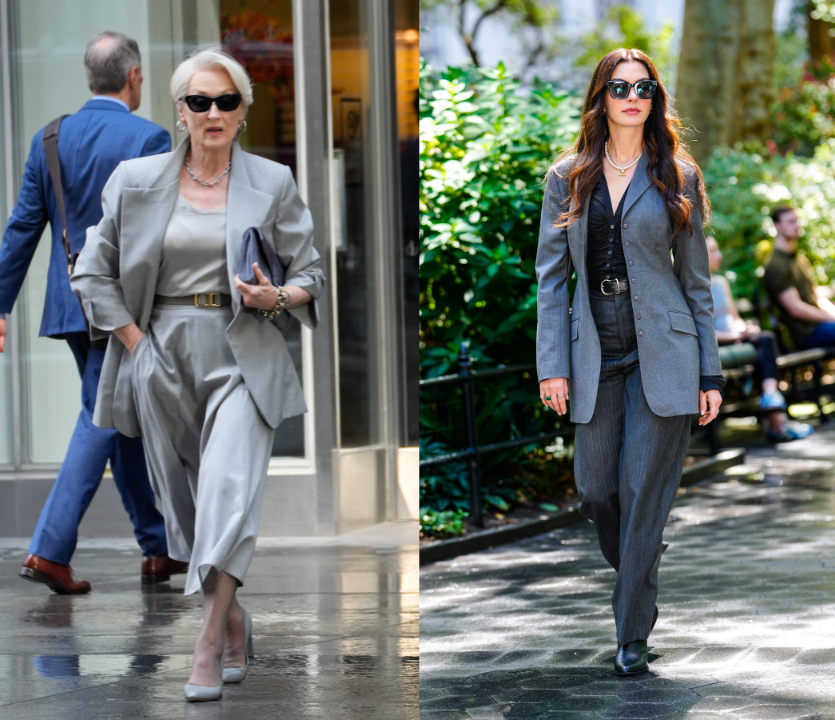 Inspiração de blazer feminino clássico com looks em tons de cinza e preto, mostrando produções elegantes e poderosas no estilo de Miranda e Andy em O Diabo Veste Prada 2.