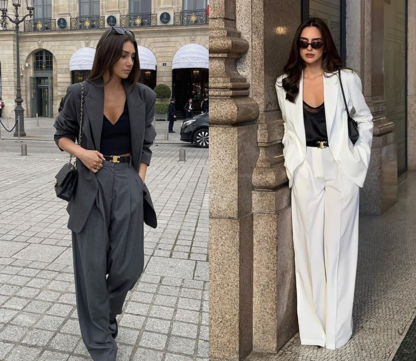 Produções urbanas com alfaiataria feminina moderna, incluindo blazer oversized e calça ampla, estilo inspirado em O Diabo Veste Prada 2 que mistura elegância com atitude contemporânea