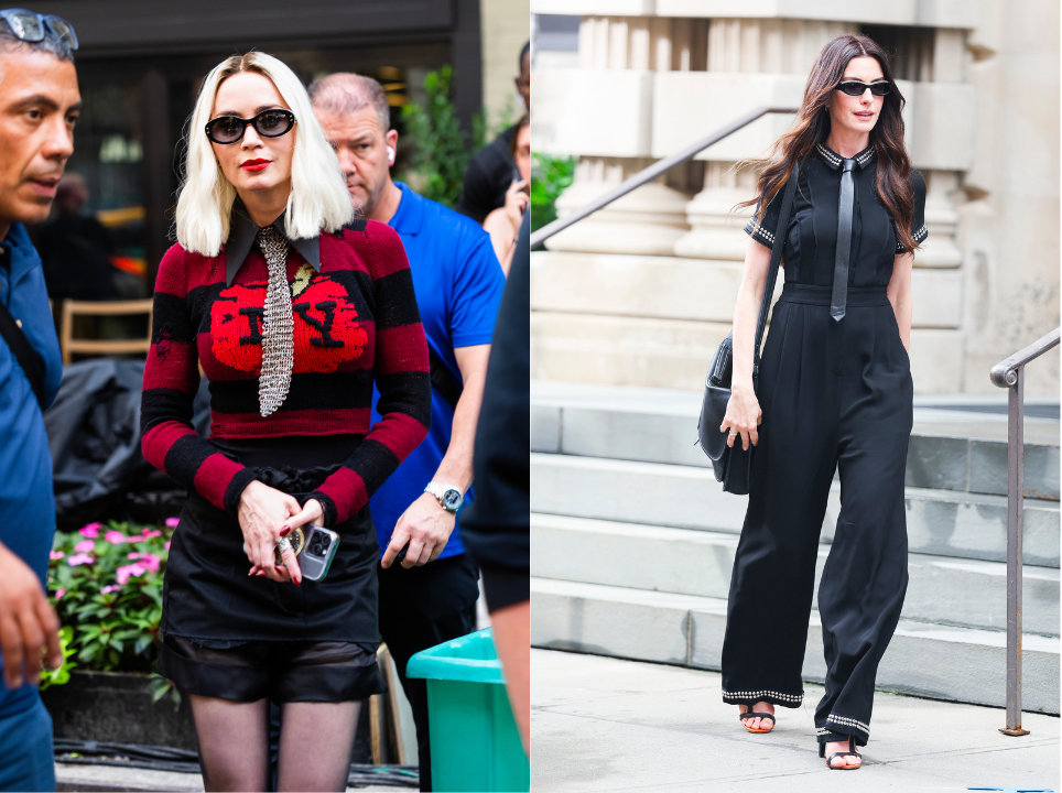 Looks femininos com gravata combinada com alfaiataria, tendência forte em O Diabo Veste Prada 2, trazendo releitura do estilo masculino para produções elegantes e fashionistas