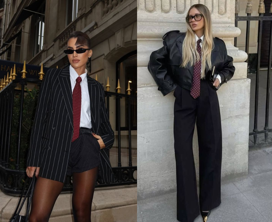 Looks femininos com gravata combinada com alfaiataria, tendência forte em O Diabo Veste Prada 2, trazendo releitura do estilo masculino para produções elegantes e fashionistas
