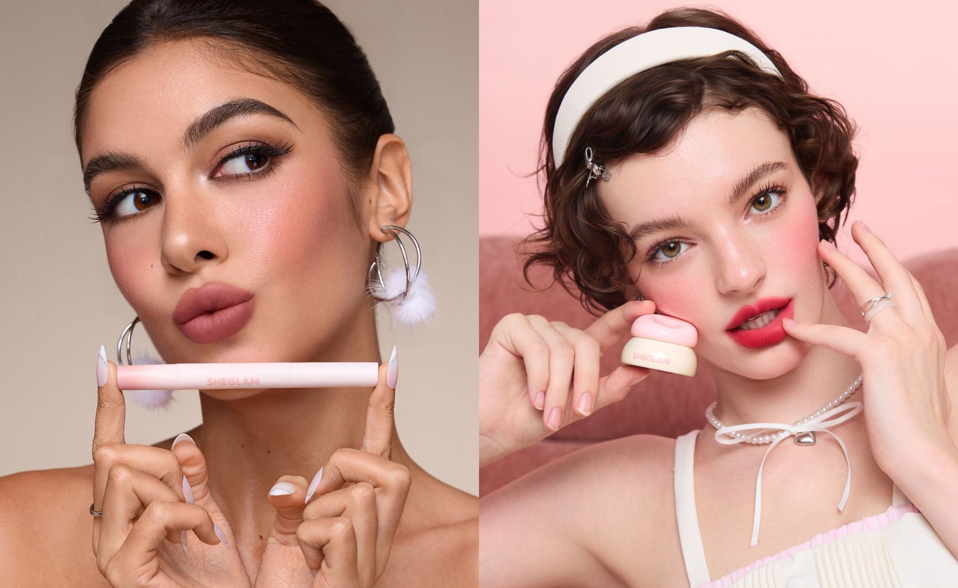 Colagem com duas fotos de modelos segurando produtos da Sheglam