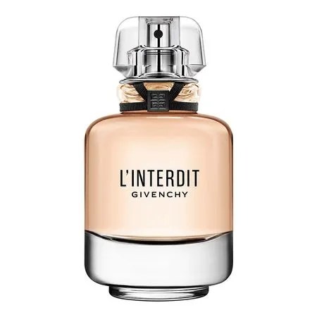 Frasco de perfume L'Interdit Givenchy, com l&iacute;quido cor de p&ecirc;ssego, base prateada e tampa transparente. Um la&ccedil;o preto com o logo Givenchy envolve o gargalo
