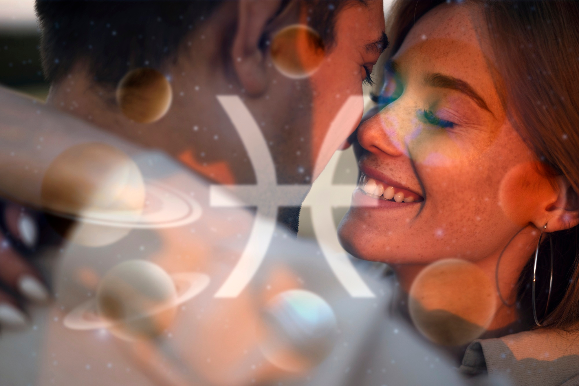 Casal sorrindo com símbolo do signo de Peixes e planetas ao fundo, representando conexão e astrologia no amor