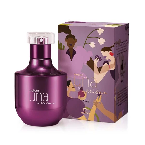 Foto do perfume Una Artisan. Ele tem a embalagem roxa