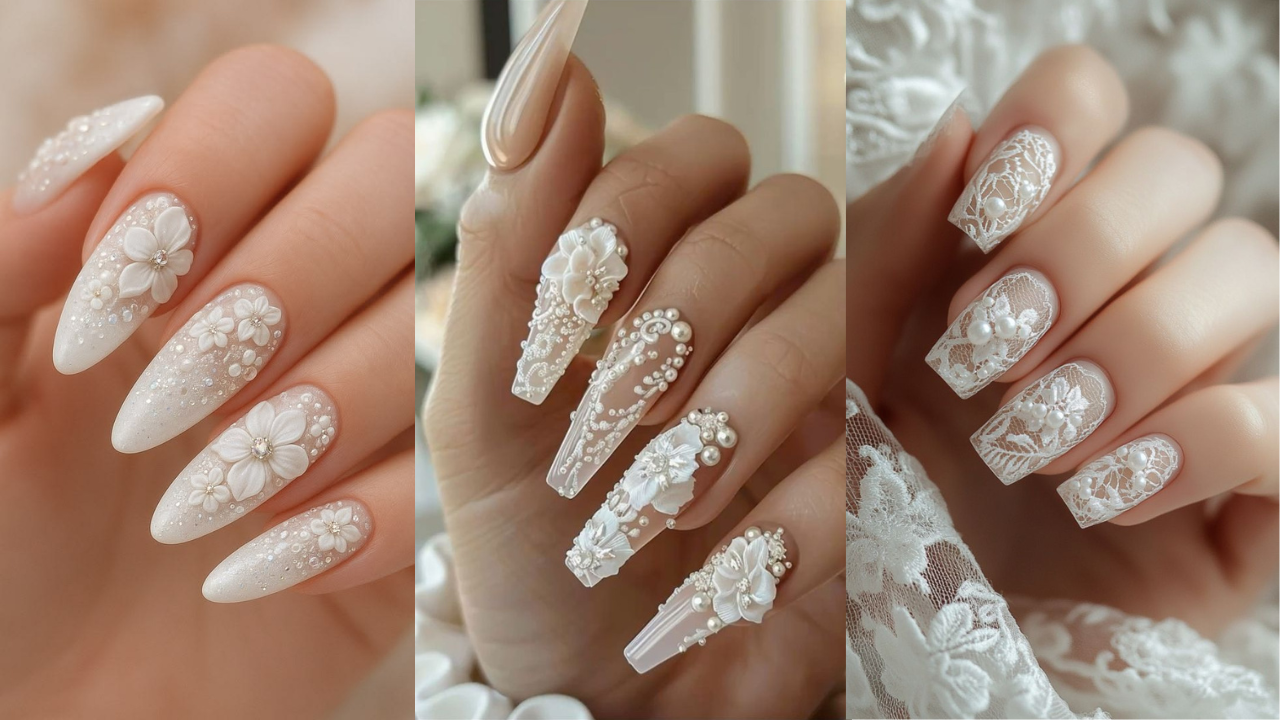 Unhas brancas 3D para noivas com flores em relevo, renda e detalhes rom&acirc;nticos sofisticados