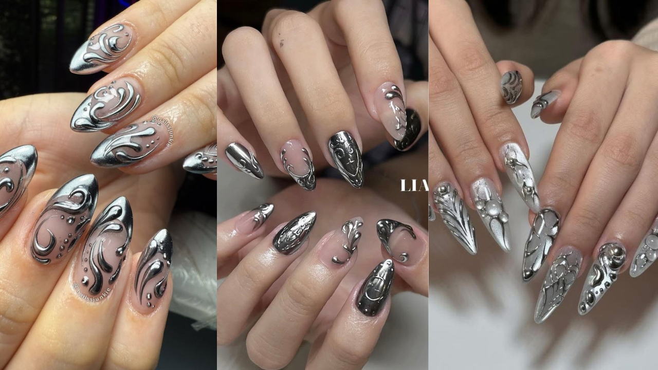 Unhas prateadas para noivas com efeito cromado, desenhos met&aacute;licos e nail art maximalista sofisticada