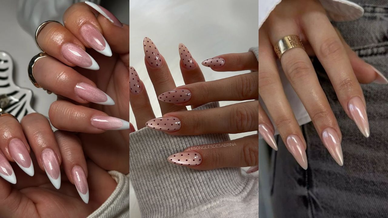 Unhas stiletto delicadas: francesinha perolada, poá e metalizado rosê entre as inspirações mais elegantes de 2026