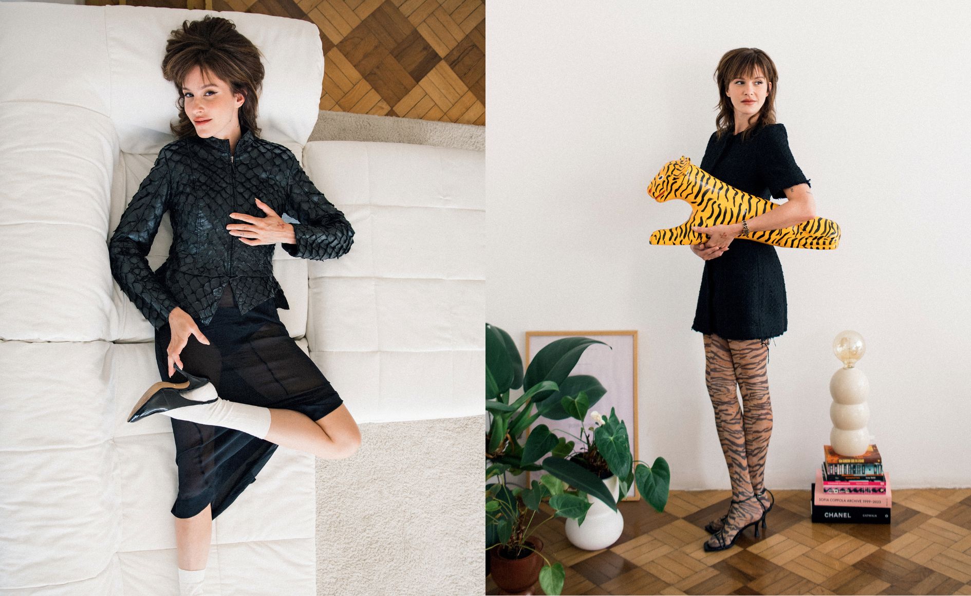 Colagem com duas fotos de Verena Figueiredo. A primeira mostra ela deitada no sofá e usa uma jaqueta de couro preta, uma saia longa, um salto preto e uma meia branca. A segunda mostra ela usando um vestido preto, uma legging de tigre e um salto preto. Além disso, ela segura no braço um objeto de decoração que imita um tigre