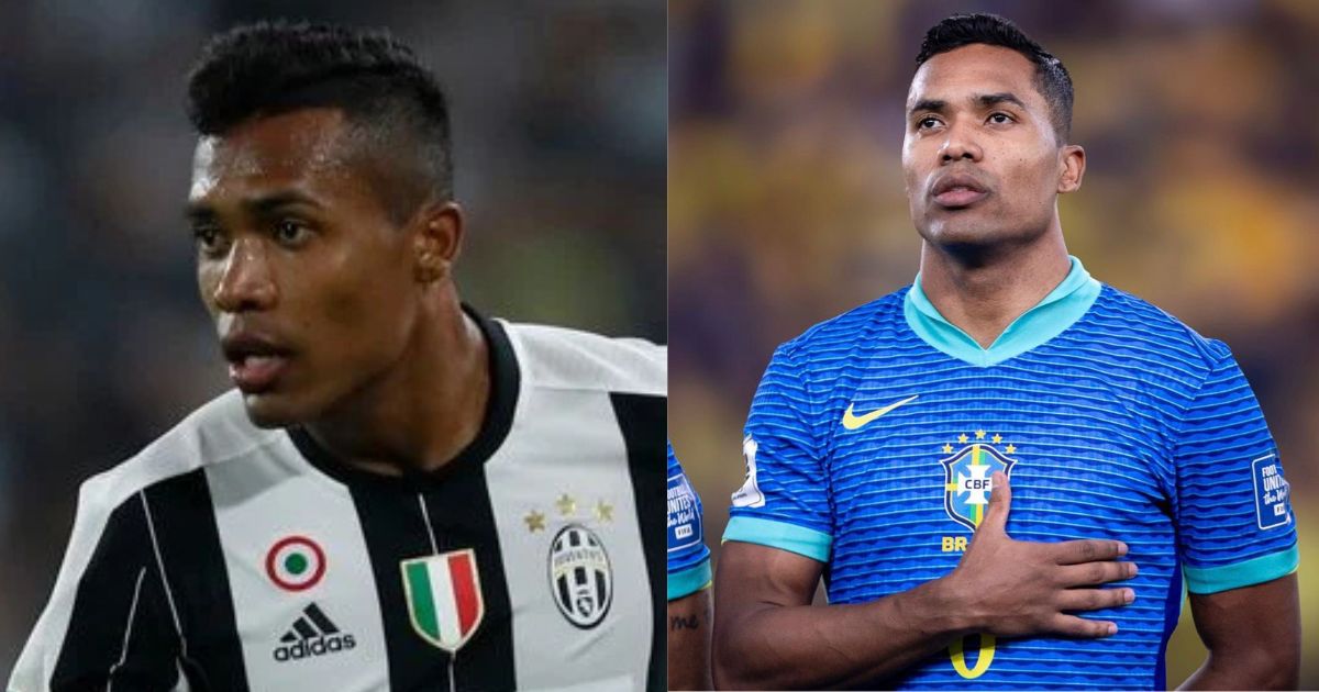 Montagem de dois retratos do jogador Alex Sandro. &Agrave; esquerda, ele veste camisa listrada preta e branca da Juventus, com suor na testa. &Agrave; direita, veste camisa azul da sele&ccedil;&atilde;o brasileira, com a m&atilde;o direita sobre o peito