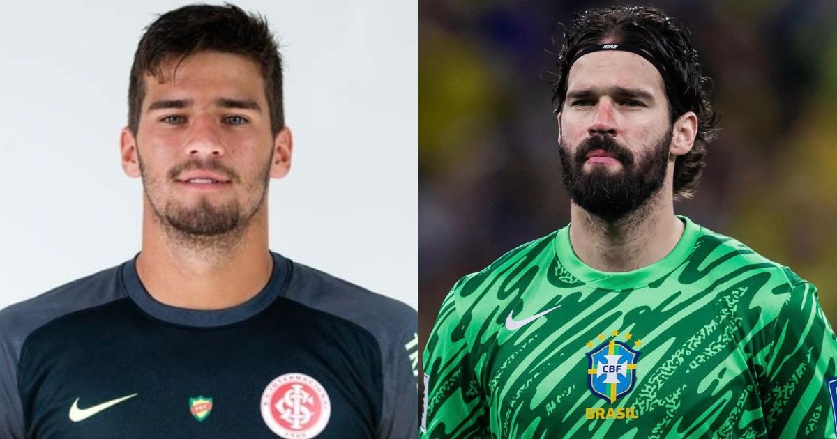 Alisson Becker em duas fases: jovem, com barba rala e cabelo curto, vestindo camisa do Internacional; e mais velho, com barba cheia e faixa na cabe&ccedil;a, camisa verde da Sele&ccedil;&atilde;o Brasileira