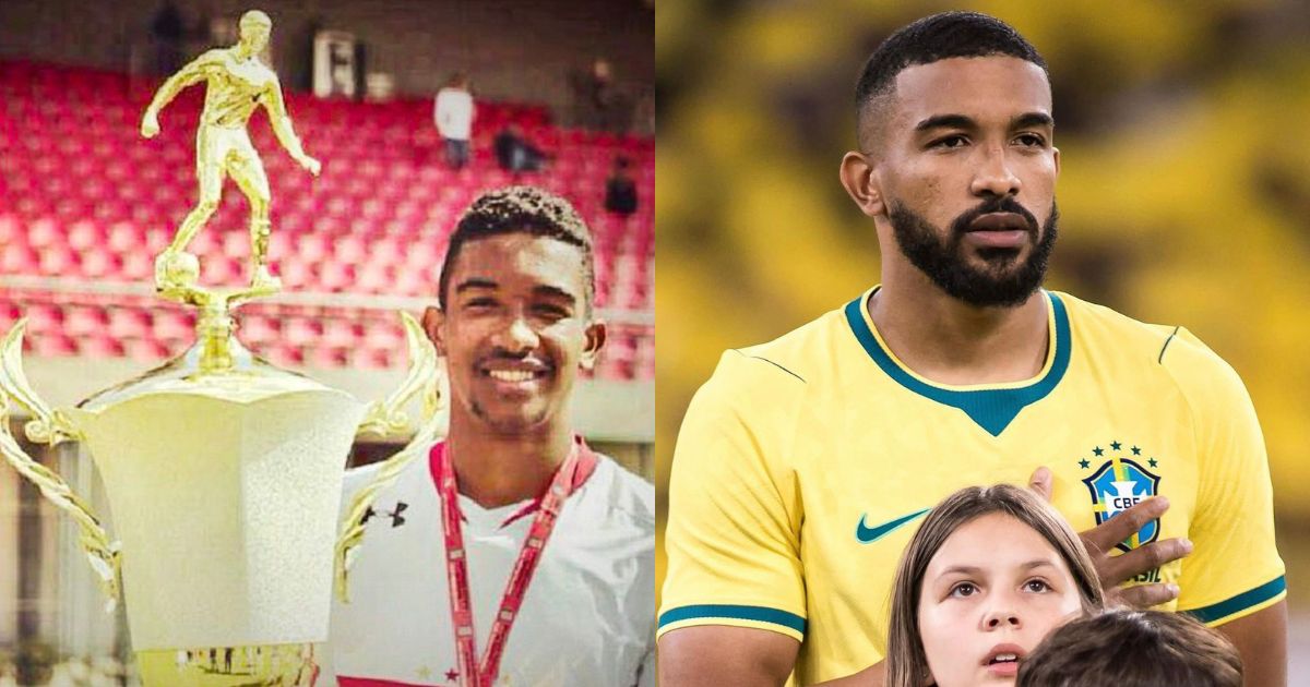 Montagem de duas fotos: &agrave; esquerda, um jovem sorridente com medalha e trof&eacute;u dourado em est&aacute;dio; &agrave; direita, um homem barbudo com camisa da sele&ccedil;&atilde;o brasileira e uma crian&ccedil;a
