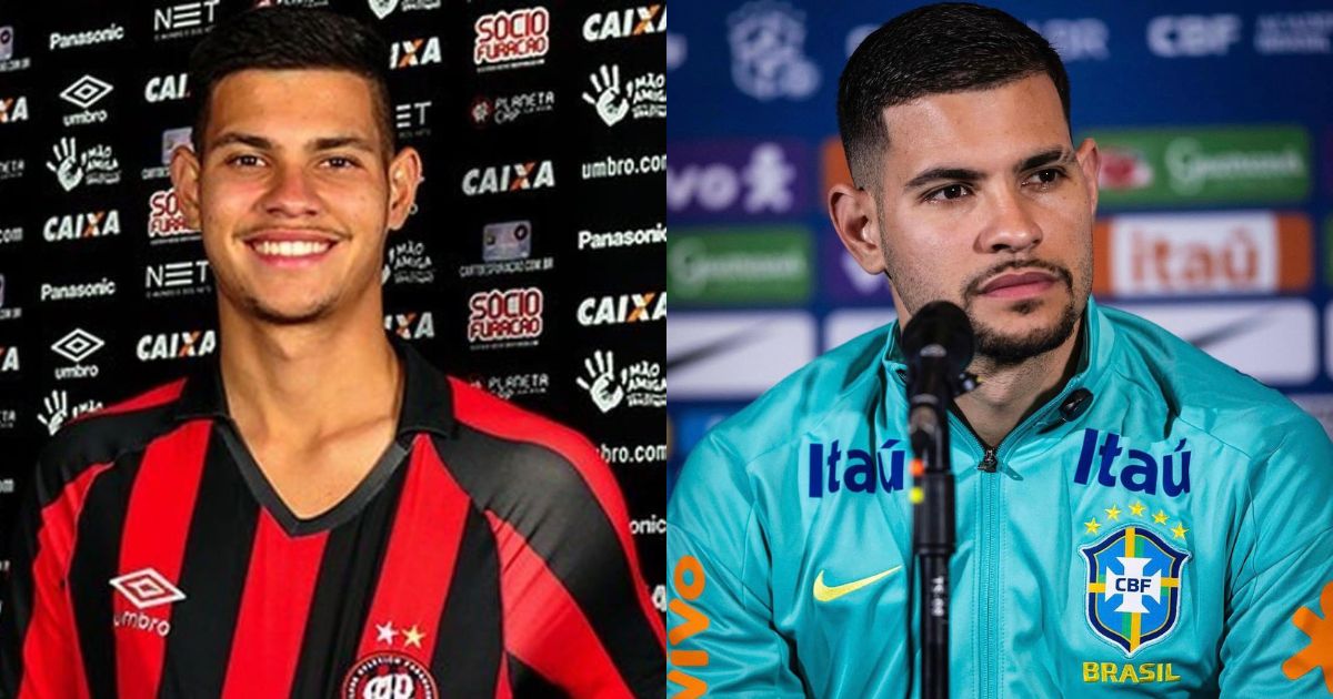 Comparativo de um jogador de futebol, &agrave; esquerda sorrindo com camisa rubro-negra e fundo de patrocinadores, &agrave; direita s&eacute;rio com barba, camisa azul da sele&ccedil;&atilde;o brasileira e microfone &agrave; frente