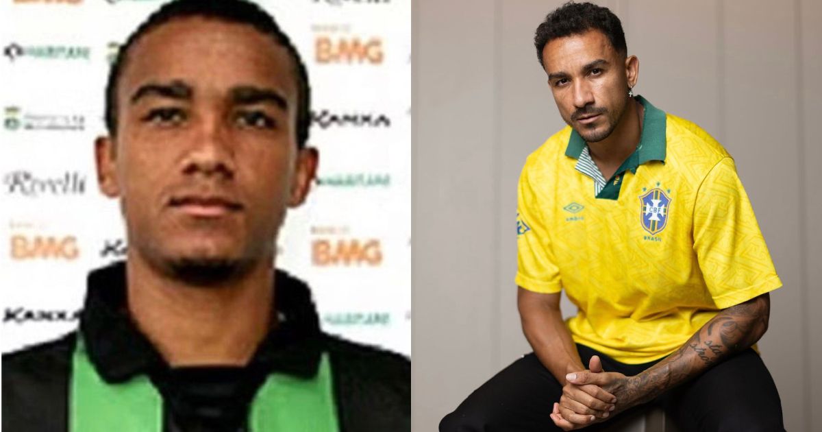 Duas fotos lado a lado de um homem negro. &Agrave; esquerda, ele &eacute; jovem, com cabelo curto, vestindo camisa verde e preta, olhando s&eacute;rio. &Agrave; direita, mais velho, com barba rala, cabelo encaracolado, vestindo camisa amarela da sele&ccedil;&atilde;o brasileira, sentado com as m&atilde;os entrela&ccedil;adas e express&atilde;o pensativa