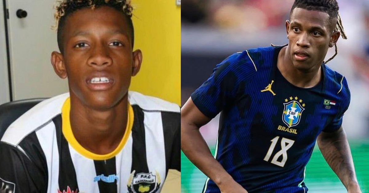Montagem de duas fotos de um jovem jogador de futebol negro. &Agrave; esquerda, ele sorri levemente, vestindo uma camisa listrada preta e branca com gola amarela. &Agrave; direita, ele est&aacute; em campo, com express&atilde;o s&eacute;ria, usando uma camisa azul da sele&ccedil;&atilde;o brasileira com o n&uacute;mero 18