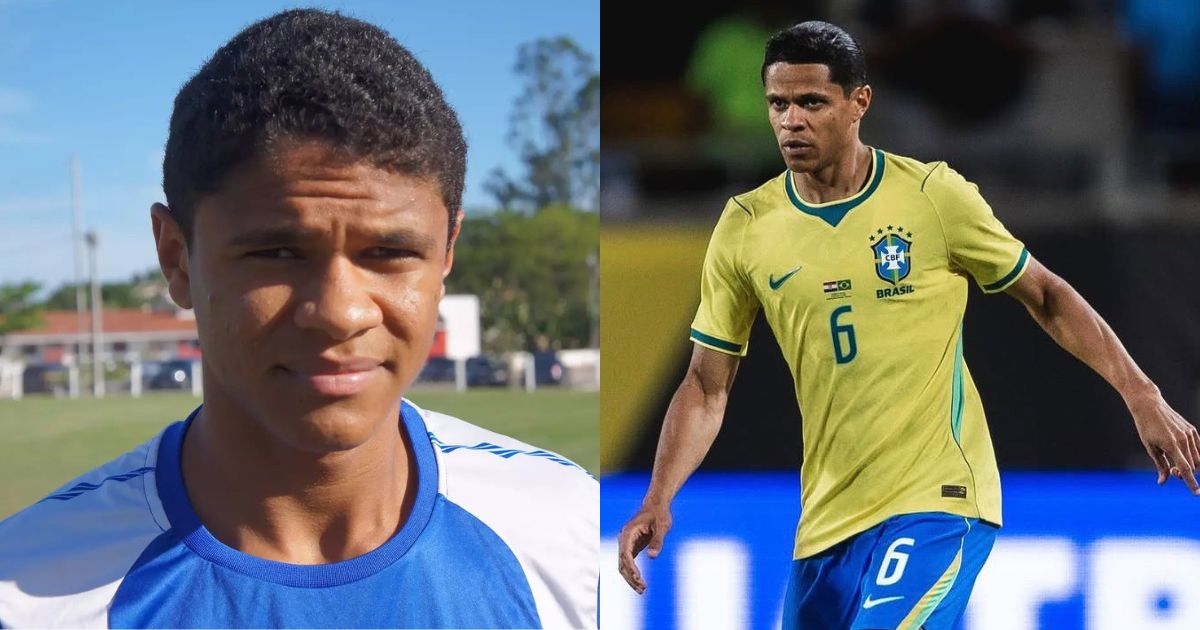 Montagem de duas fotos: &agrave; esquerda, um jovem de pele morena e cabelo crespo, vestindo camisa azul e branca, sorri levemente em campo aberto; &agrave; direita, um homem de pele morena e cabelo liso, vestindo camisa amarela da sele&ccedil;&atilde;o brasileira com o n&uacute;mero 6, em postura de jogo